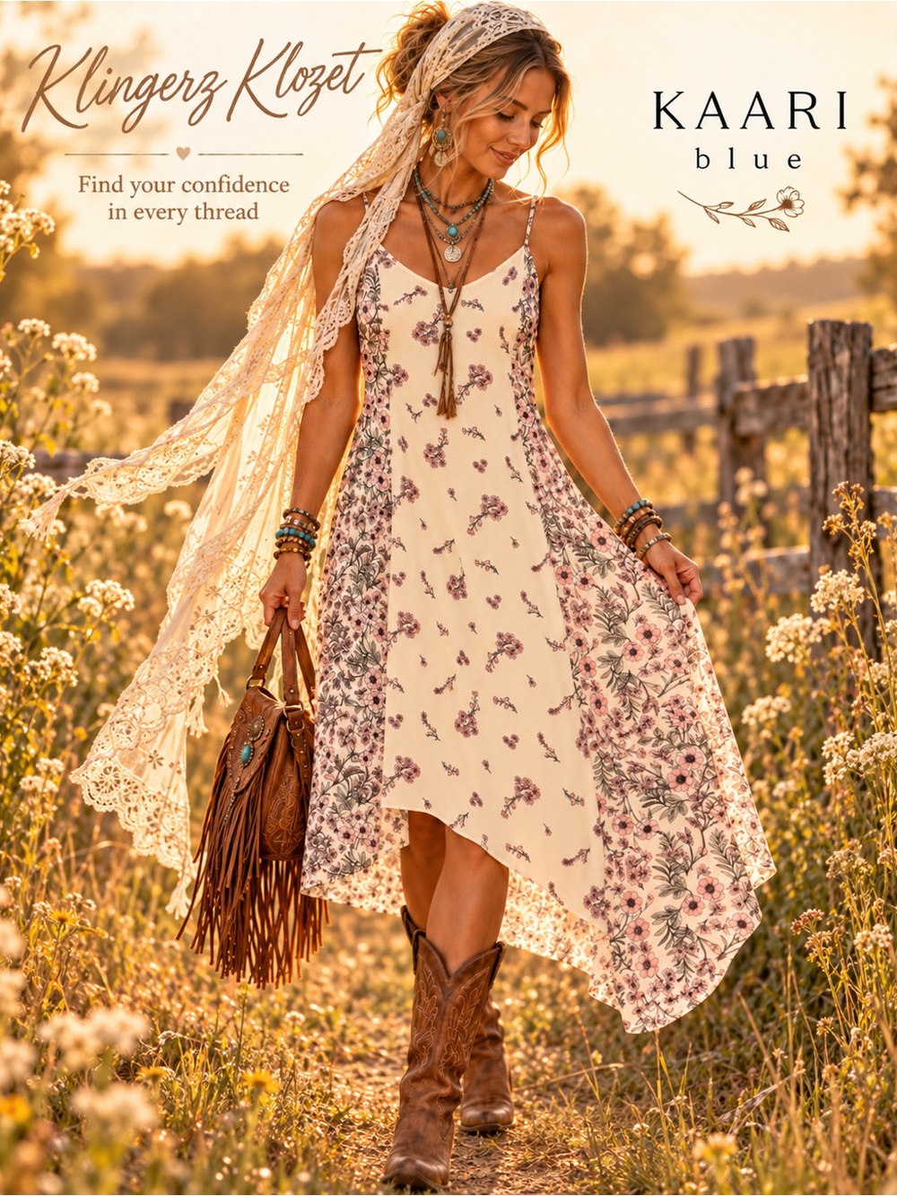 Kaari Blue Floral Asymmetrical Midi Dress Boho Prairie Cottagecore L
